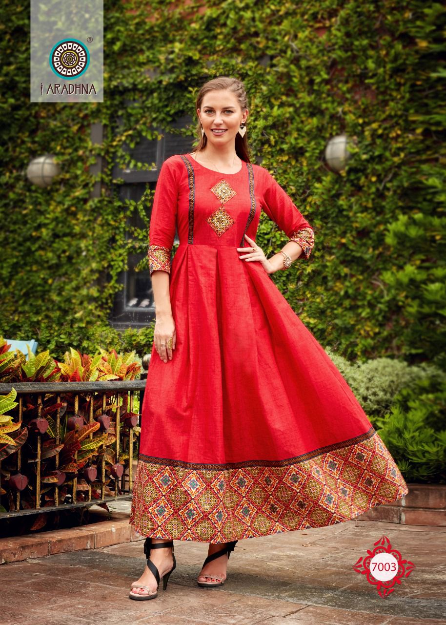 Aradhna Level 7 Fancy Wear Wholesale Cotton Anarkali Kurtis Catalog
